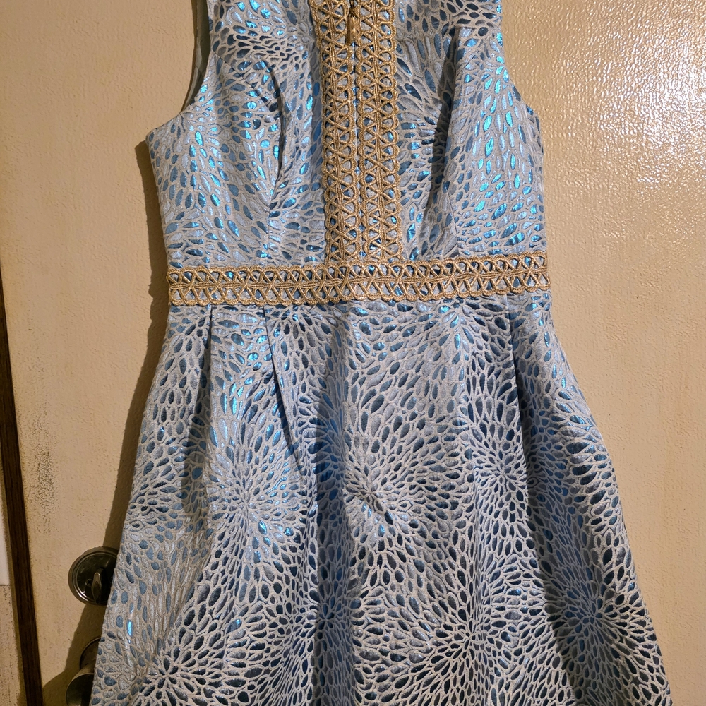 Lilly Pulitzer Blue and Silver Halter Fit and Flare Dress